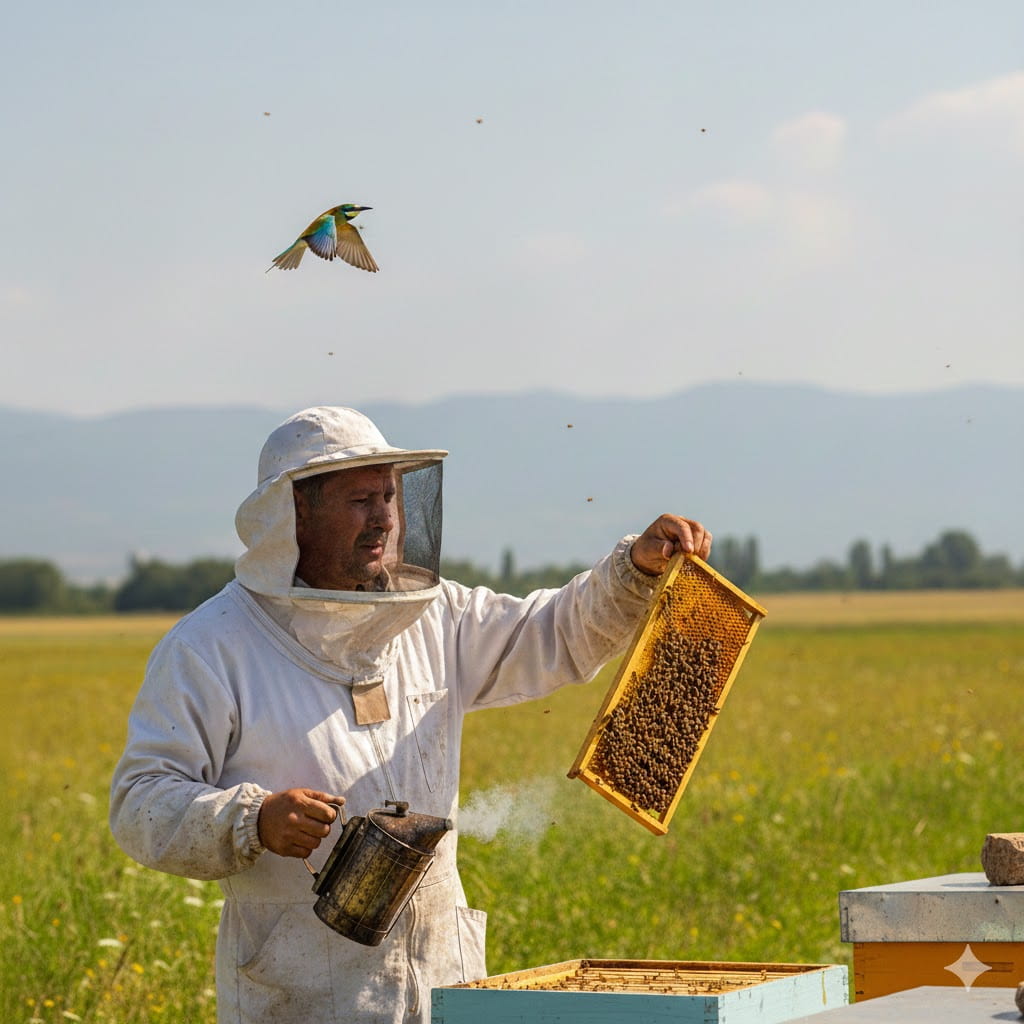 2026 arıcı yorumları kapsamında arı bölme işlemi sırasında havada uçan tehlikeli arı kuşları ve kovan başında çalışan arıcı.