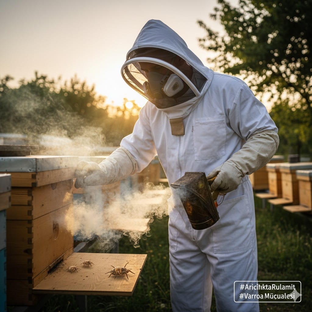 Arıcılıkta rulamit uygulaması yapan, koruyucu maskeli bir arıcının kovan girişinden duman verme anı.