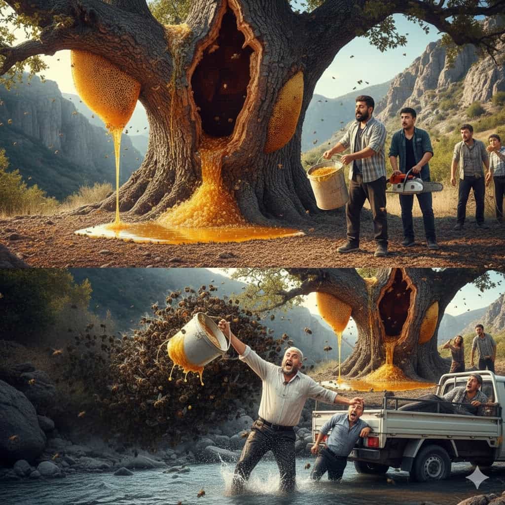 Arıların ruhunu okuyan adam Nuri Amca'nın devasa meşe ağacından bal alırken arıların saldırısına uğradığı ve dereye kaçtığı komik an