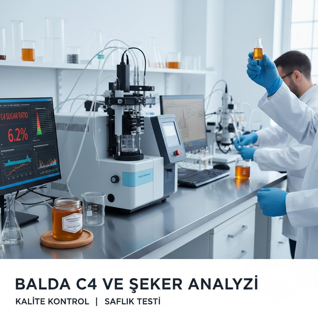Modern laboratuvar ortamında gerçekleştirilen balda c4 ve şeker analizi süreci ve kalite kontrol raporu görüntüsü.