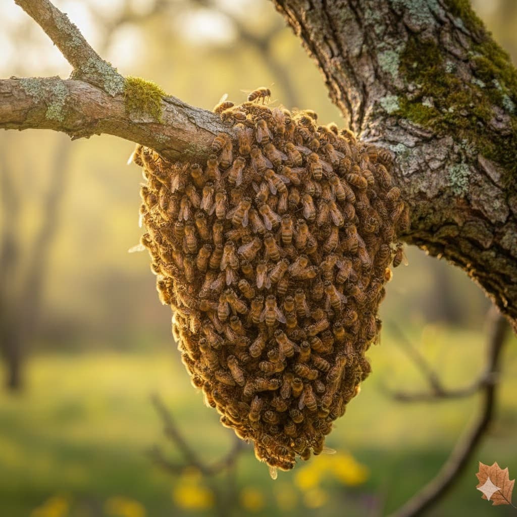 Bedava arıcılık püf noktaları için doğada ağaç dalında asılı duran sahipsiz arı oğulu görseli.