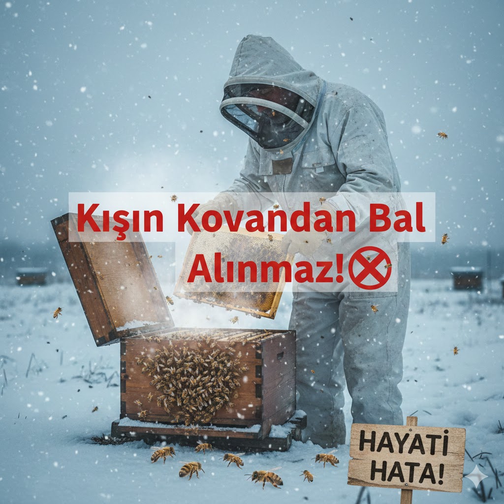 Kışın kovandan bal alınır mı sorusuna yanıt veren, karlı havada kovan açmanın risklerini gösteren uyarıcı görsel.