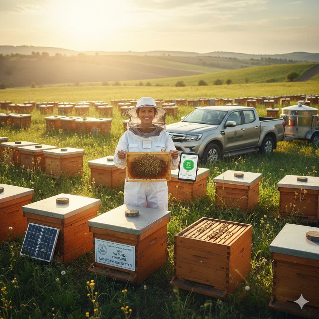 2026 arıcılık kredisi kapsamında modern kovanlar ve ekipmanlar ile üretim yapan kadın girişimci arıcı görseli