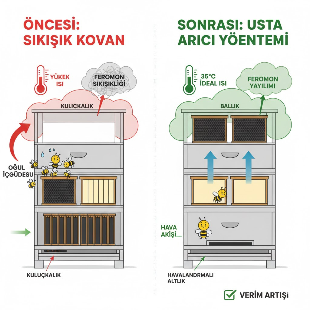 Usta arıcı yorumları ışığında hazırlanan, kuluçka sıkışıklığını gidermek için ballığa çerçeve transferi ve kovan içi dikey genişleme şeması