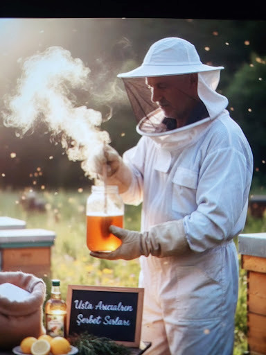 Usta arıcıların şerbet sırları ile besleme yapılan kovan içi çerçeve ve metal şerbetlik görünümü.