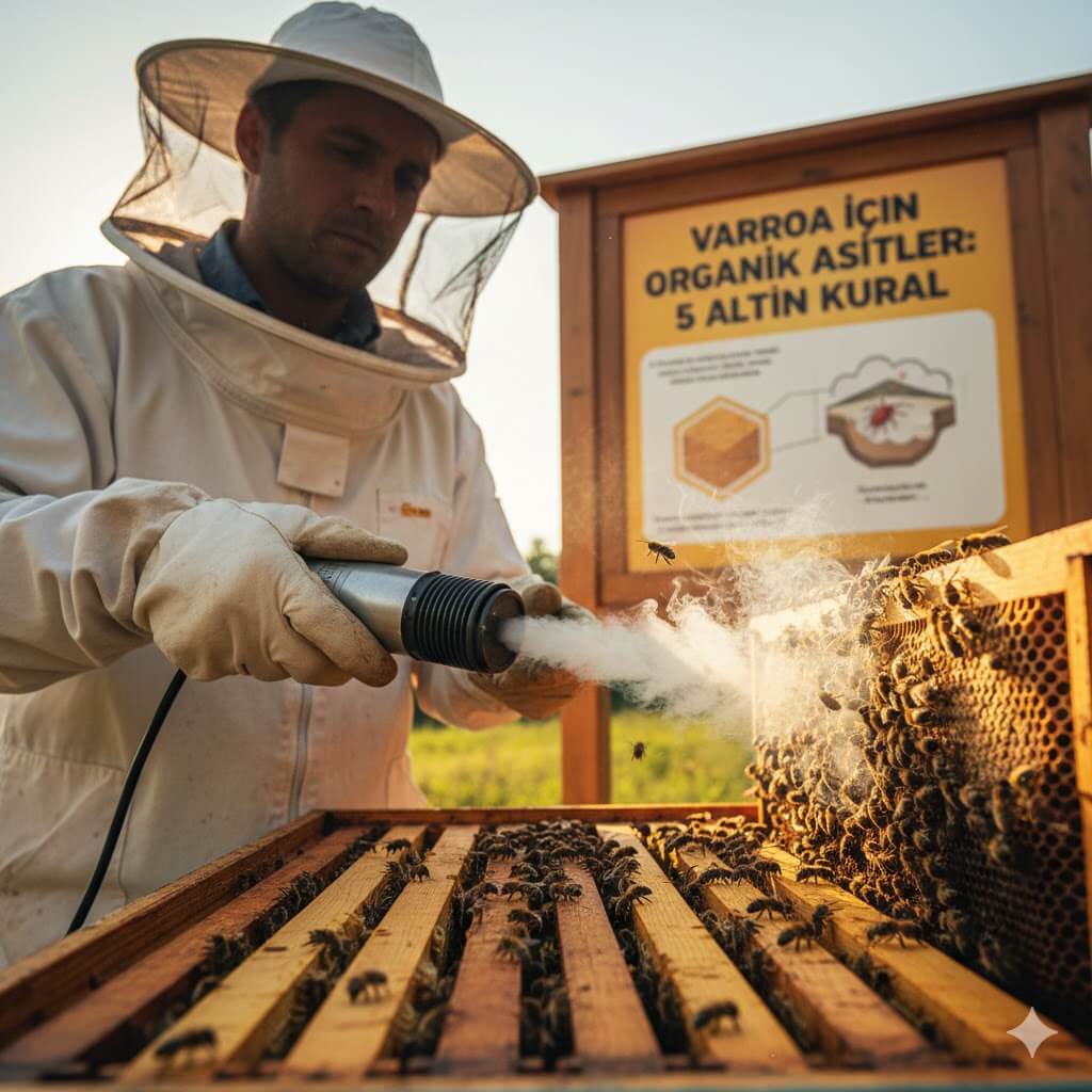 Koruyucu kıyafetli bir arıcının kovan içinde varroa için organik asitler kullanarak buharlaştırma yöntemiyle uygulama yapması ve arka planda 5 altın kural bilgilendirme tabelası.