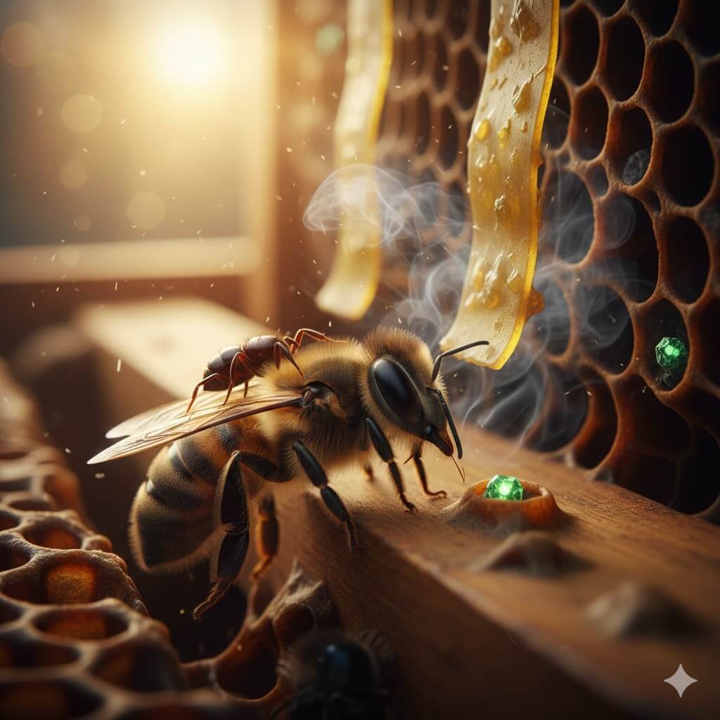 Bal arısı üzerinde Varroa destructor paraziti ve kovan içinde dumanla varroa ile sentetik mücadele, kimyasal kalıntı riskini temsil eden sanatsal illüstrasyon