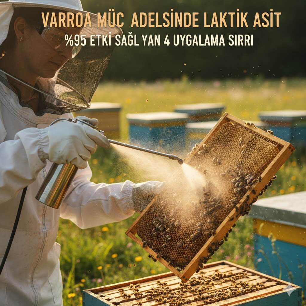 Varroa mücadelesinde laktik asit uygulaması yapan maskeli bir arıcının kovan başında çerçeveye ince sisleme yöntemiyle asit püskürtme anı