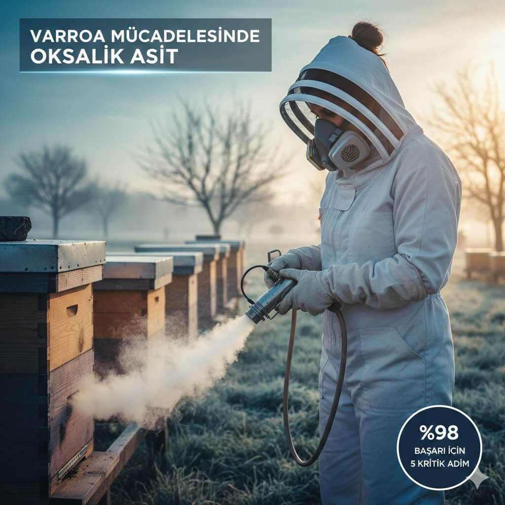 Kış mevsiminde arılıkta profesyonel maske ve ekipmanla yapılan varroa mücadelesinde oksalik asit buharlaştırma uygulaması