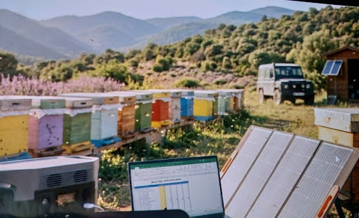 Arılıkta enerji devrimi: Taşınabilir güneş paneli, güç istasyonu ve laptop ile dijital arıcılık yönetimi.